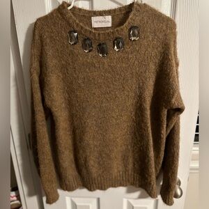 Brown Embellished Crew Neck Sweater
